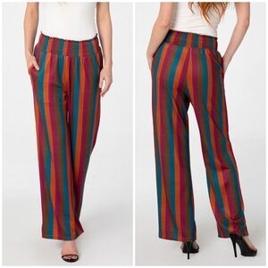 Miss Lulo Kai Autumn Stripes Wide Leg Pull On Pants Smocked Waist Sz XL